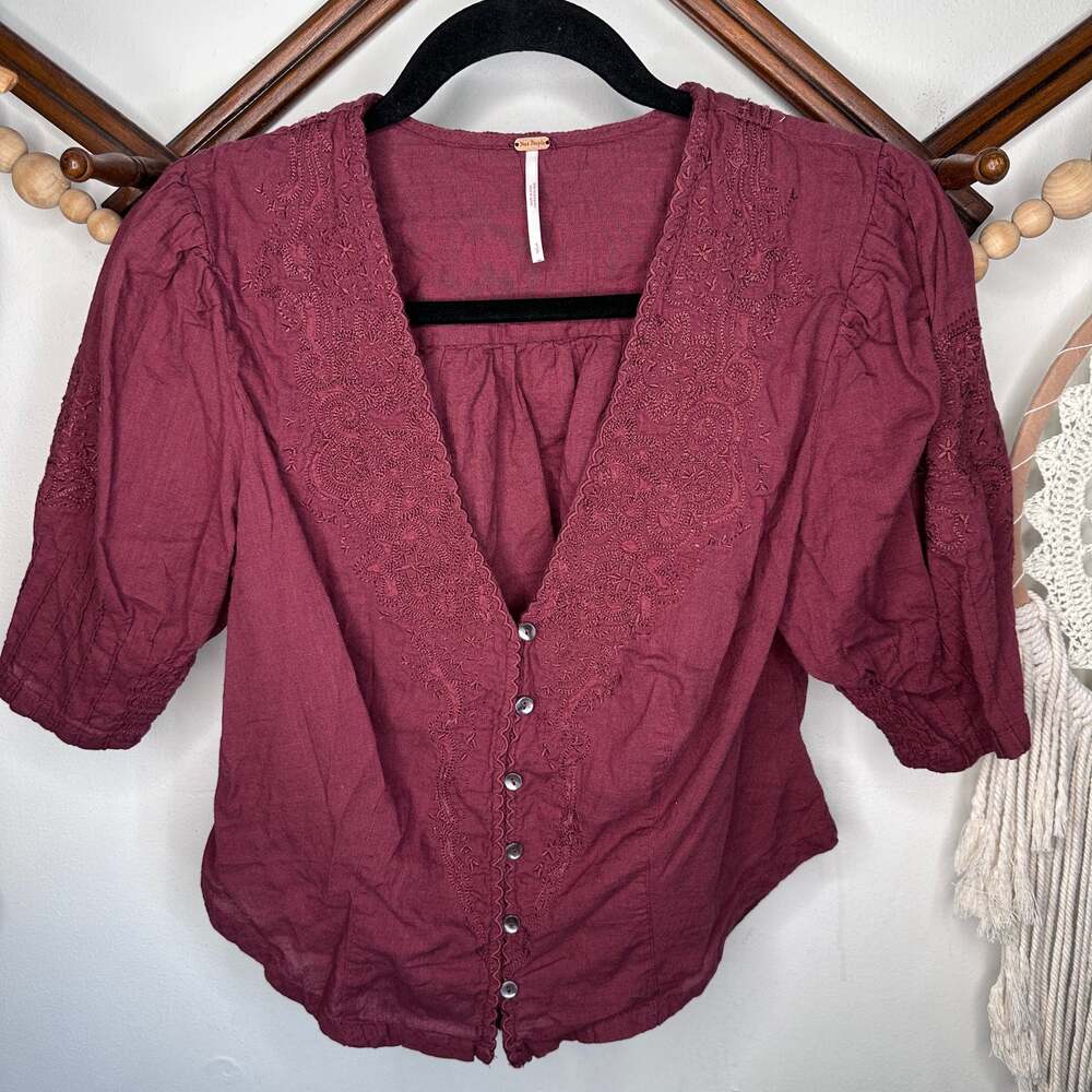 Free People Molly Crop Burgundy Button Top